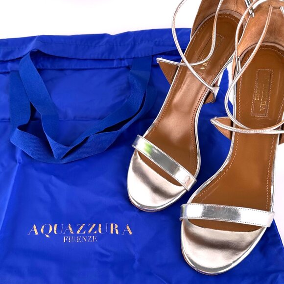 AQUAZZURA Linda 105 Silver Leather Ankle Tie High-Heel Sandals - Size 38.5 - Picture 10 of 12